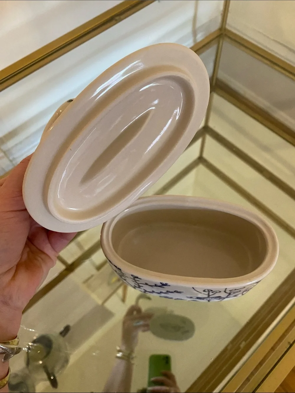 Anthropologie White Swan Ceramic Trinket Box with Blue Motif
